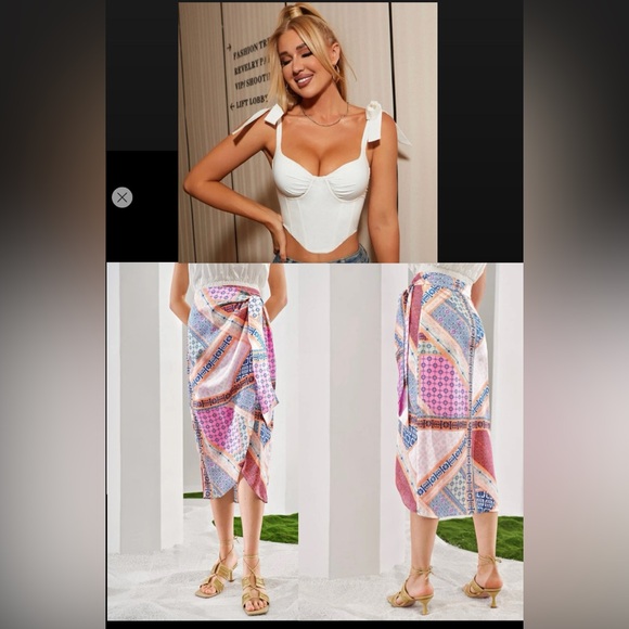 PREMIUM WRAP KNOT SCARF SKIRT and Tie Shoulder Bustier Bandana Crop Top size L - Picture 2 of 9